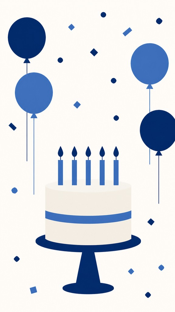 a birthday cake with lit candles surrounded by balloons and confetti, festive vertical composition, no text — Minimalism Art Style birthday card