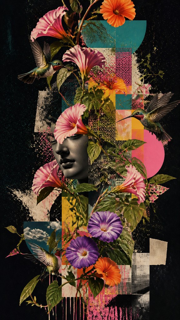 a climbing vine of flowers and hummingbirds on a dark background, tall wrapping composition, no text — Postmodernism Art Style phone case design