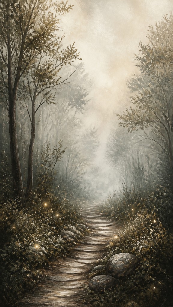 a mysterious forest path with fireflies and drifting mist, atmospheric vertical composition with open space at the top, no text — Modern Farmhouse Interior Design book cover