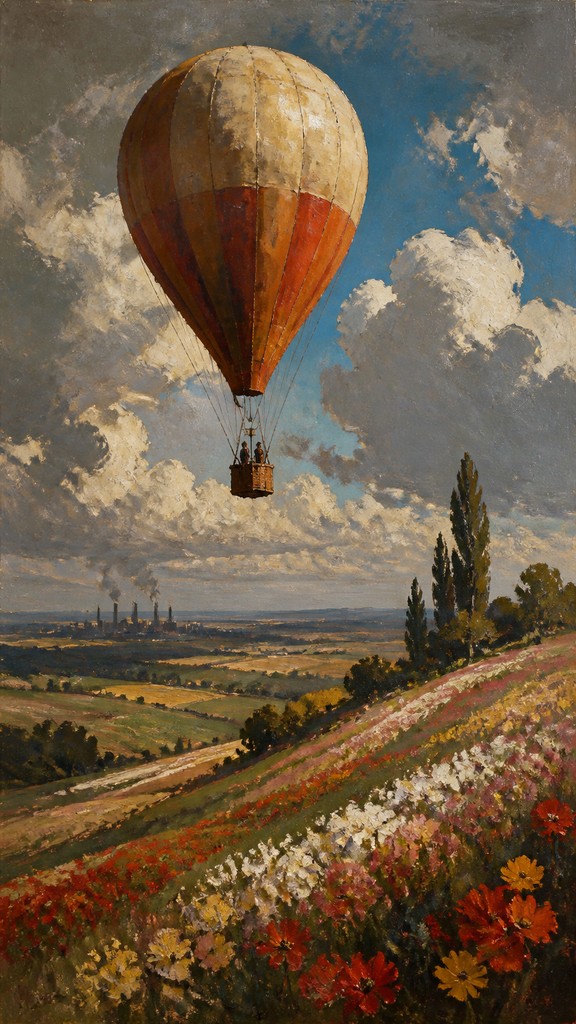 a hot air balloon drifting over rolling flower fields on a sunny day, cheerful, no text — Social Realism Art Style greeting card