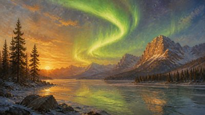 a sweeping aurora over a frozen lake, no people — Landscape Nature Art wallpaper