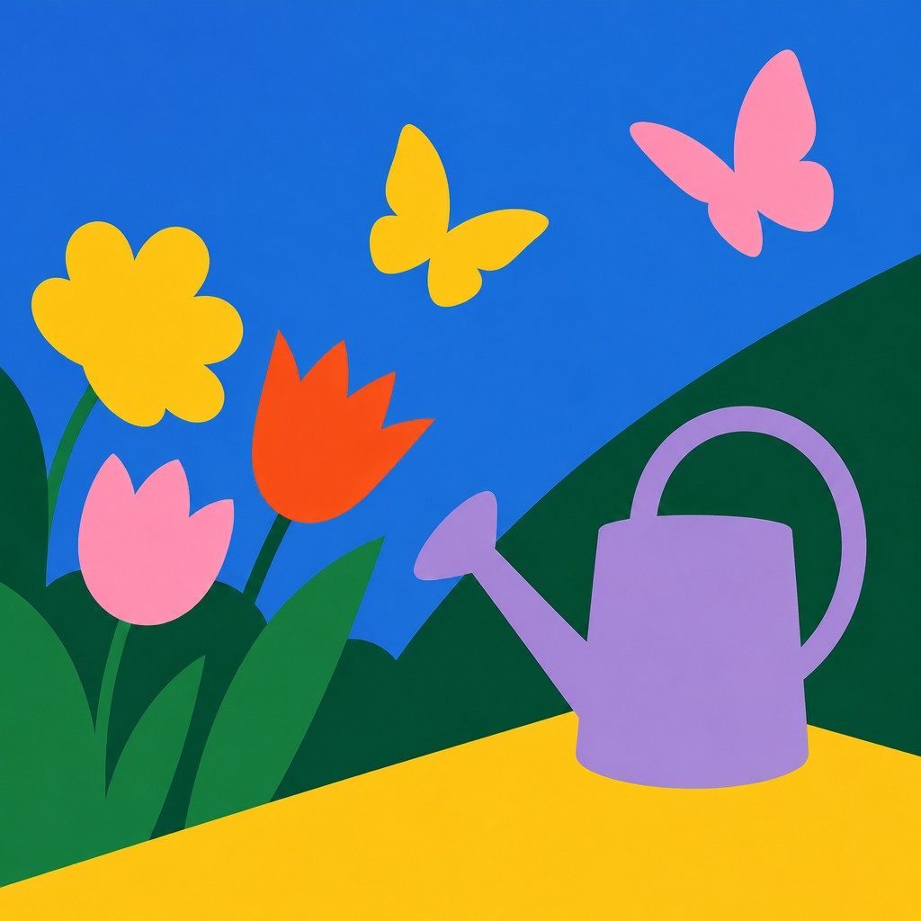 a garden scene with butterflies, flowers and a watering can, clean uncolored line art, no text — Color Field Minimalism Art Style coloring page