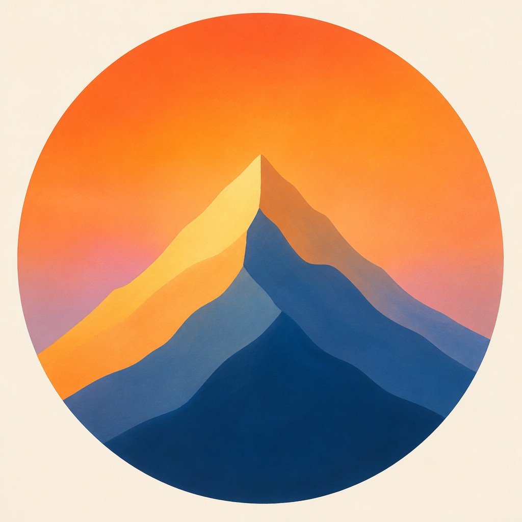 an emblem of a mountain peak inside a circle, simple bold shapes on a plain background, no text or lettering — Color Field Painting Style logo concept