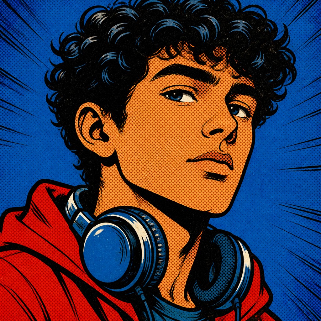 head-and-shoulders portrait of an original character: a young man with curly dark hair and headphones around his neck, plain backdrop, no text — Comic Book Pop Art Style Discord profile picture