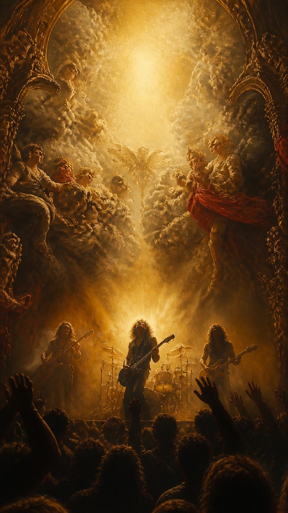 a live music scene with a glowing stage and silhouetted crowd, energetic vertical composition with open space at the top, no text — Baroque Religious Art flyer