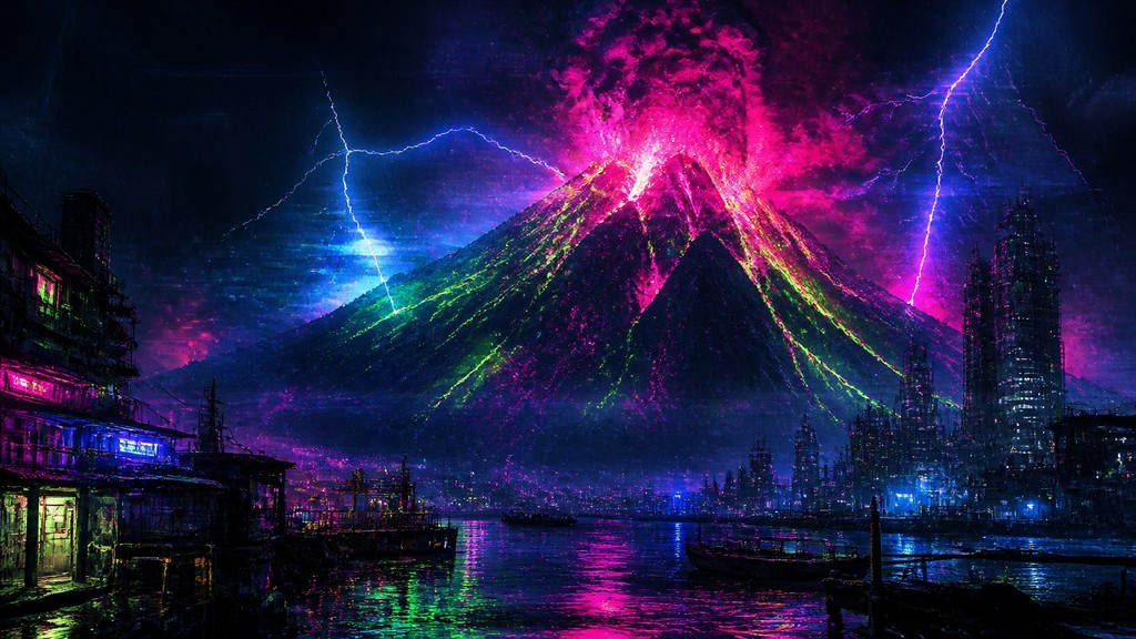 an erupting volcano with lightning strikes, dramatic wide composition, no text — Cyberpunk Art Style YouTube thumbnail