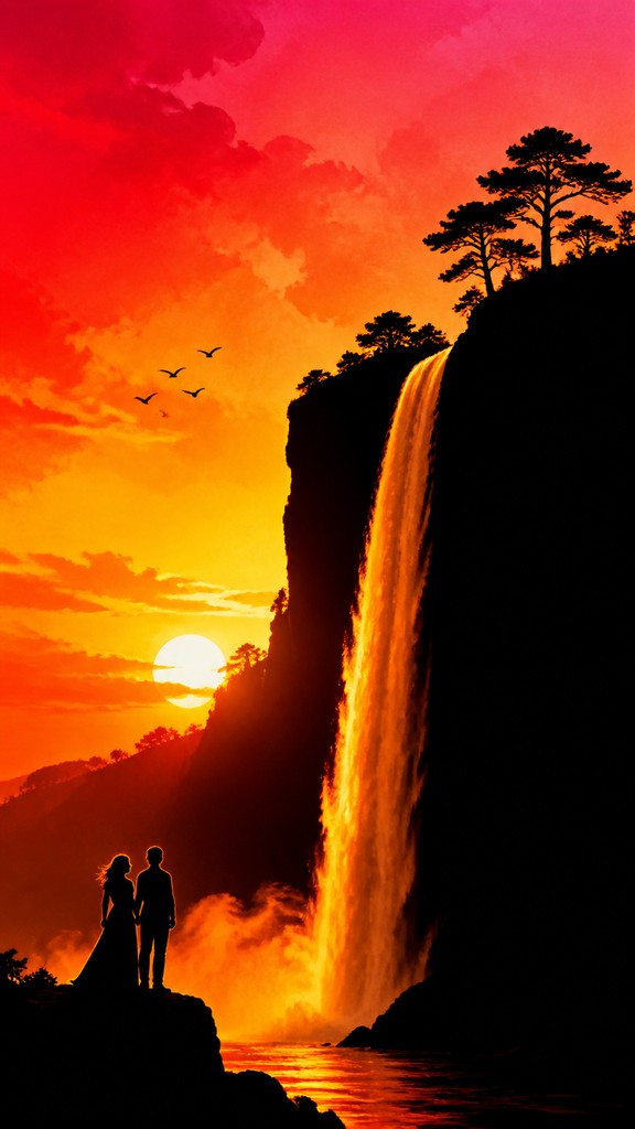 towering waterfall cascading down a cliff — Sunset Silhouette Art Style