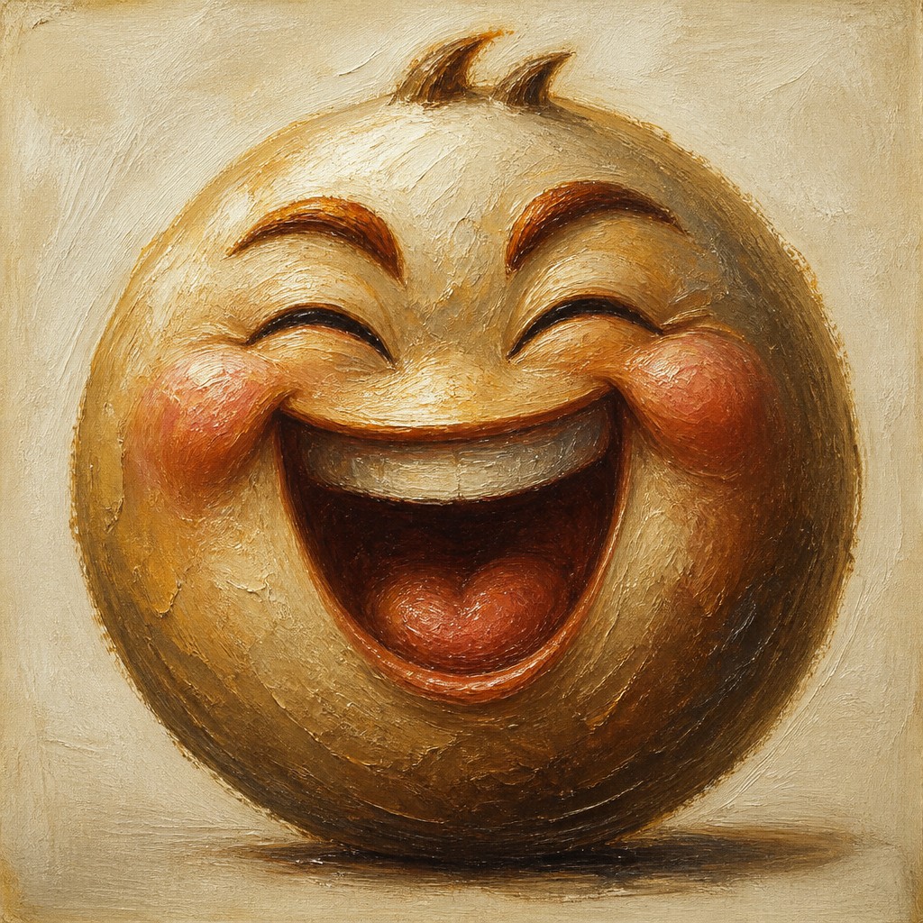an exaggerated laughing face of an original round mascot character, bold and readable at small size, plain background, no text — Oil Painting Art Style Twitch emote