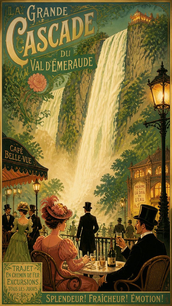 towering waterfall cascading down a cliff — Belle Époque Art Style