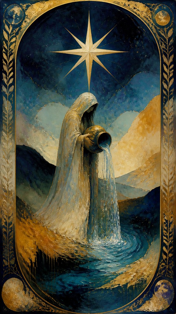 a robed figure pouring water beneath a large eight-pointed star in a night sky, symmetrical composition with an ornate decorative border, no text — Abstract Landscape Art Style tarot card
