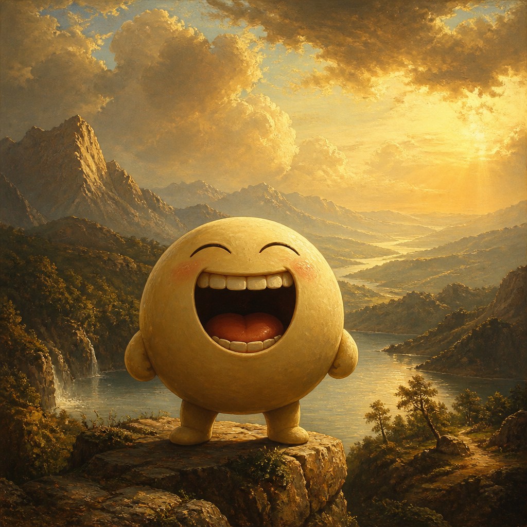 an exaggerated laughing face of an original round mascot character, bold and readable at small size, plain background, no text — Hudson River School Art Style Twitch emote