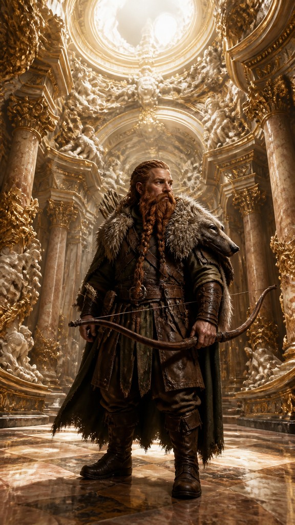 full-body original character: a dwarven ranger with a braided auburn beard, worn leather armor, a longbow and a wolf-pelt cloak, neutral background, no text — Baroque Architecture tabletop character portrait