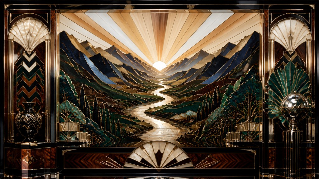 a vast valley with a river winding toward distant mountains at sunrise, no people, no text — Art Deco Furniture Art desktop wallpaper