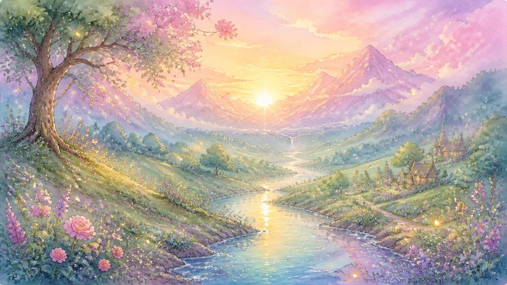 a vast valley with a river winding toward distant mountains at sunrise, no people, no text — Fairy Tale Fantasy Art desktop wallpaper