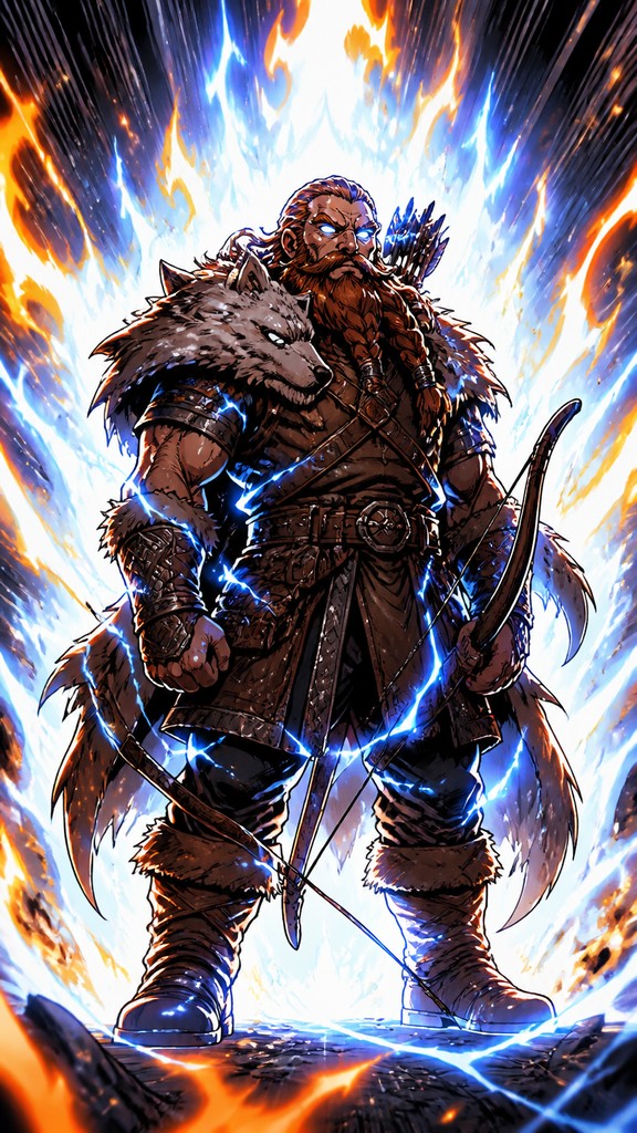 full-body original character: a dwarven ranger with a braided auburn beard, worn leather armor, a longbow and a wolf-pelt cloak, neutral background, no text — Shounen Power-Up Aura Portrait tabletop character portrait