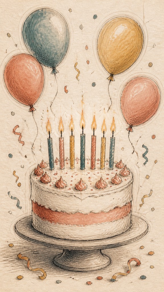 a birthday cake with lit candles surrounded by balloons and confetti, festive vertical composition, no text — Hand-Drawn Icon Design birthday card