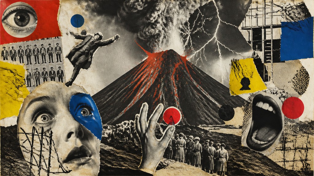 an erupting volcano with lightning strikes, dramatic wide composition, no text — Dada Art Style YouTube thumbnail