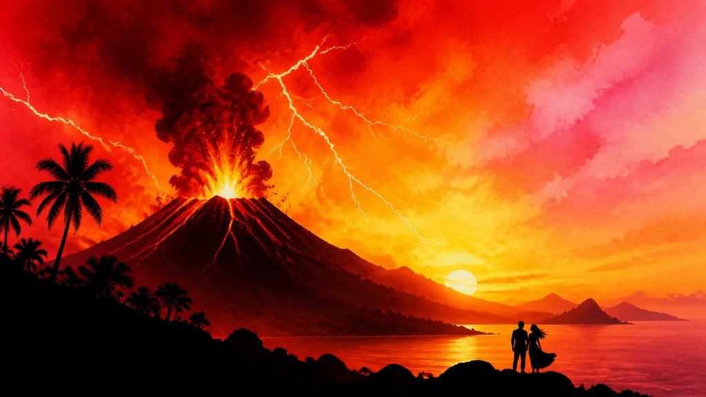an erupting volcano with lightning strikes, dramatic wide composition, no text — Sunset Silhouette Art Style YouTube thumbnail