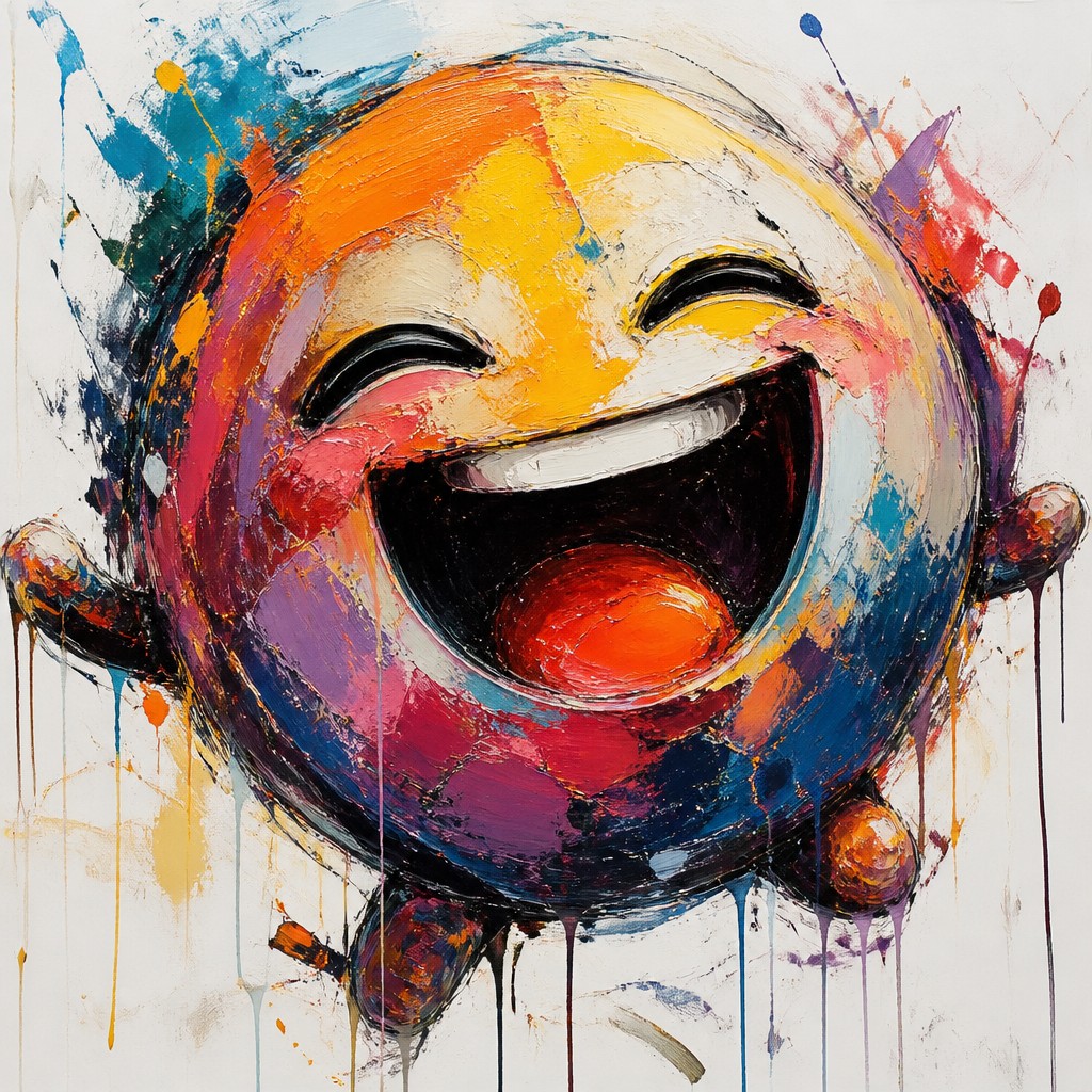 an exaggerated laughing face of an original round mascot character, bold and readable at small size, plain background, no text — Abstract Expressionist Modern Art Style Twitch emote