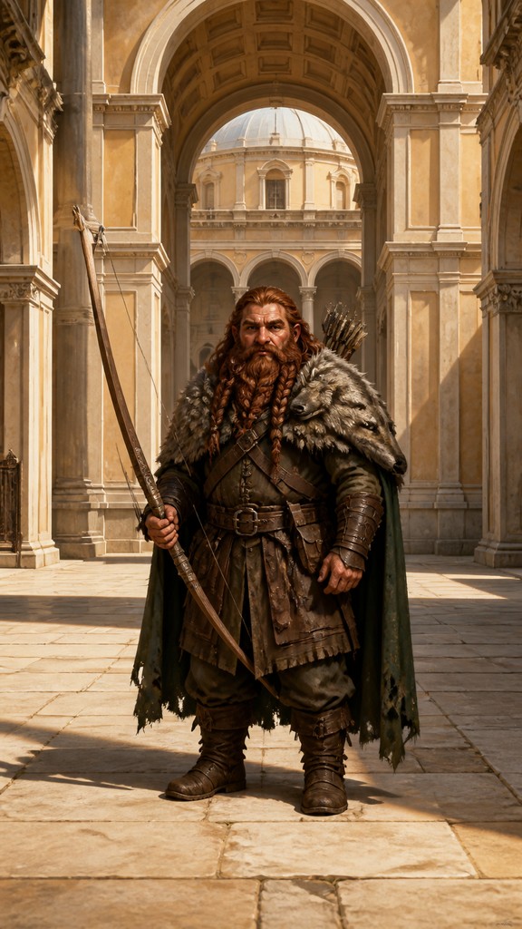 full-body original character: a dwarven ranger with a braided auburn beard, worn leather armor, a longbow and a wolf-pelt cloak, neutral background, no text — Renaissance Architecture tabletop character portrait