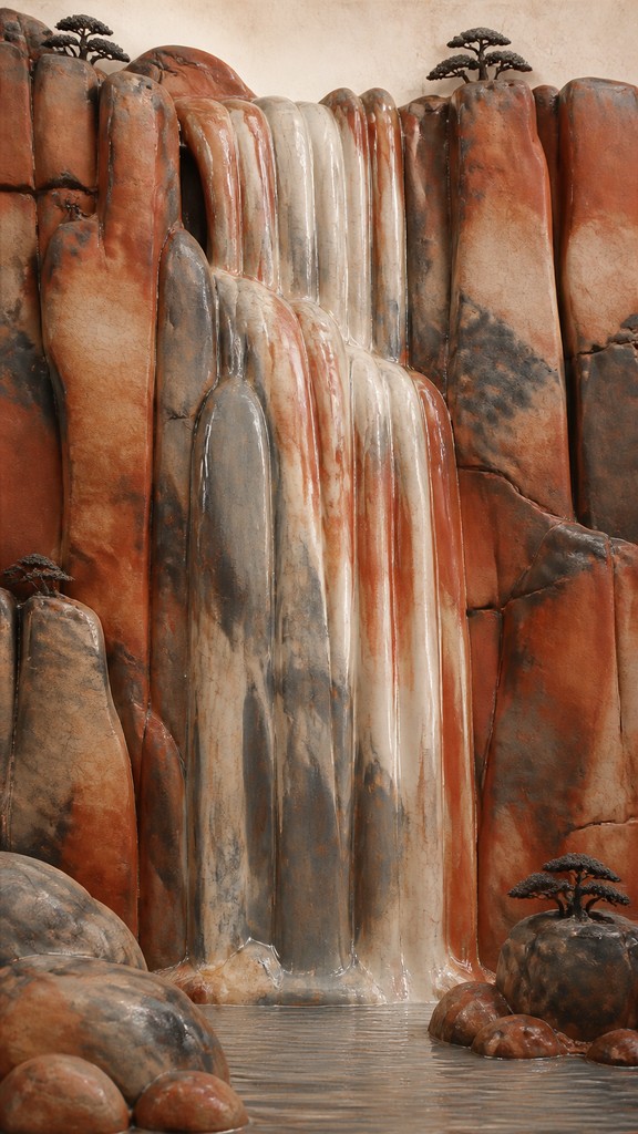 towering waterfall cascading down a cliff — Terra Sigillata Ceramic Art Style