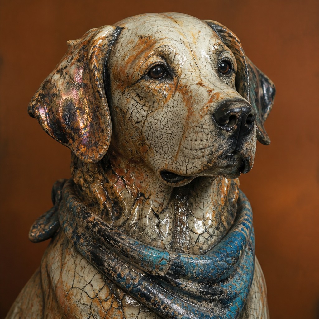portrait of a golden retriever wearing a blue bandana, warm plain backdrop, no text — Japanese Raku Ceramic Art Style pet portrait