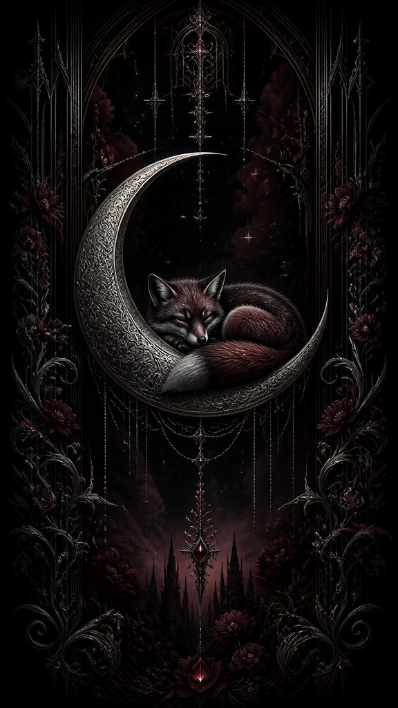 a sleeping baby fox curled on a crescent moon among soft stars, gentle and warm, no text — Modern Gothic Art baby announcement