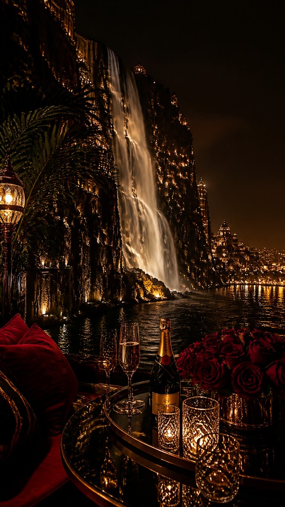 towering waterfall cascading down a cliff — Night Luxe Aesthetic