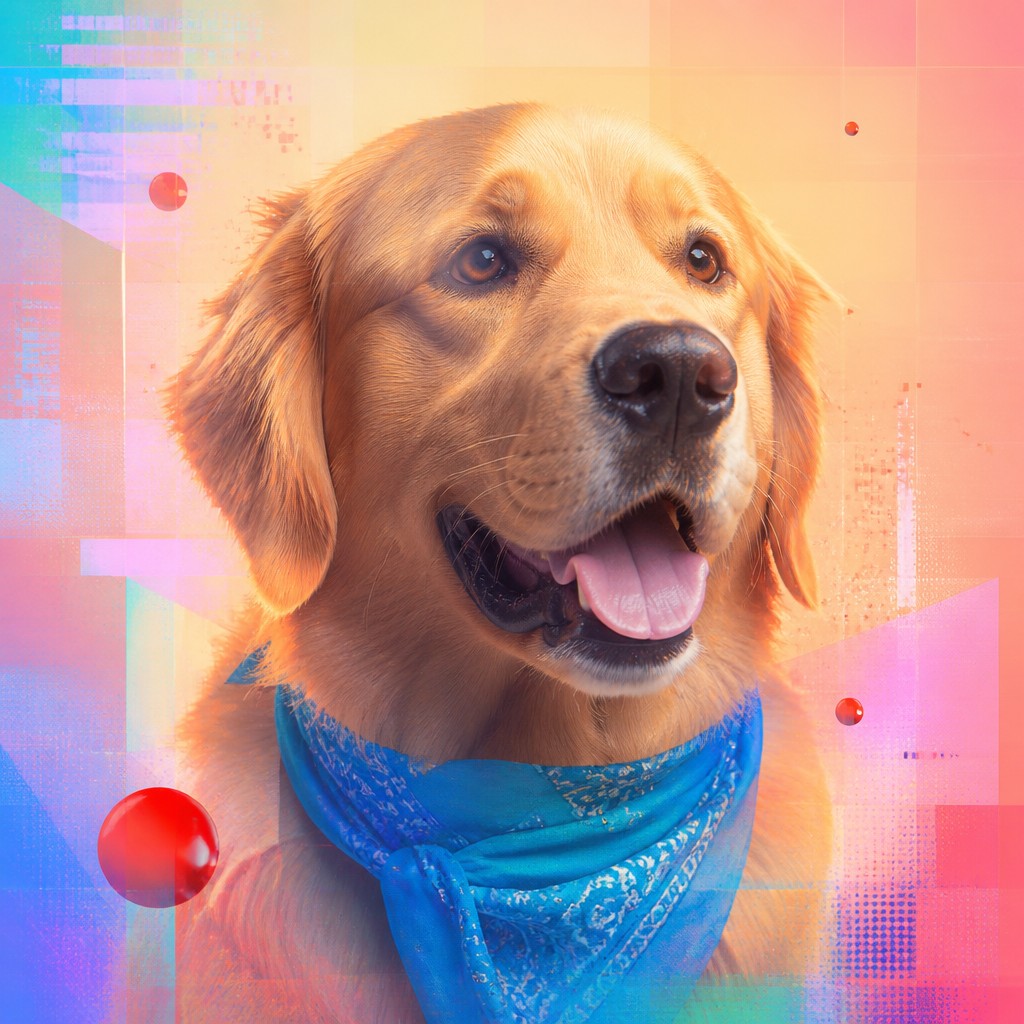 portrait of a golden retriever wearing a blue bandana, warm plain backdrop, no text — Post-Internet Contemporary Art Style pet portrait