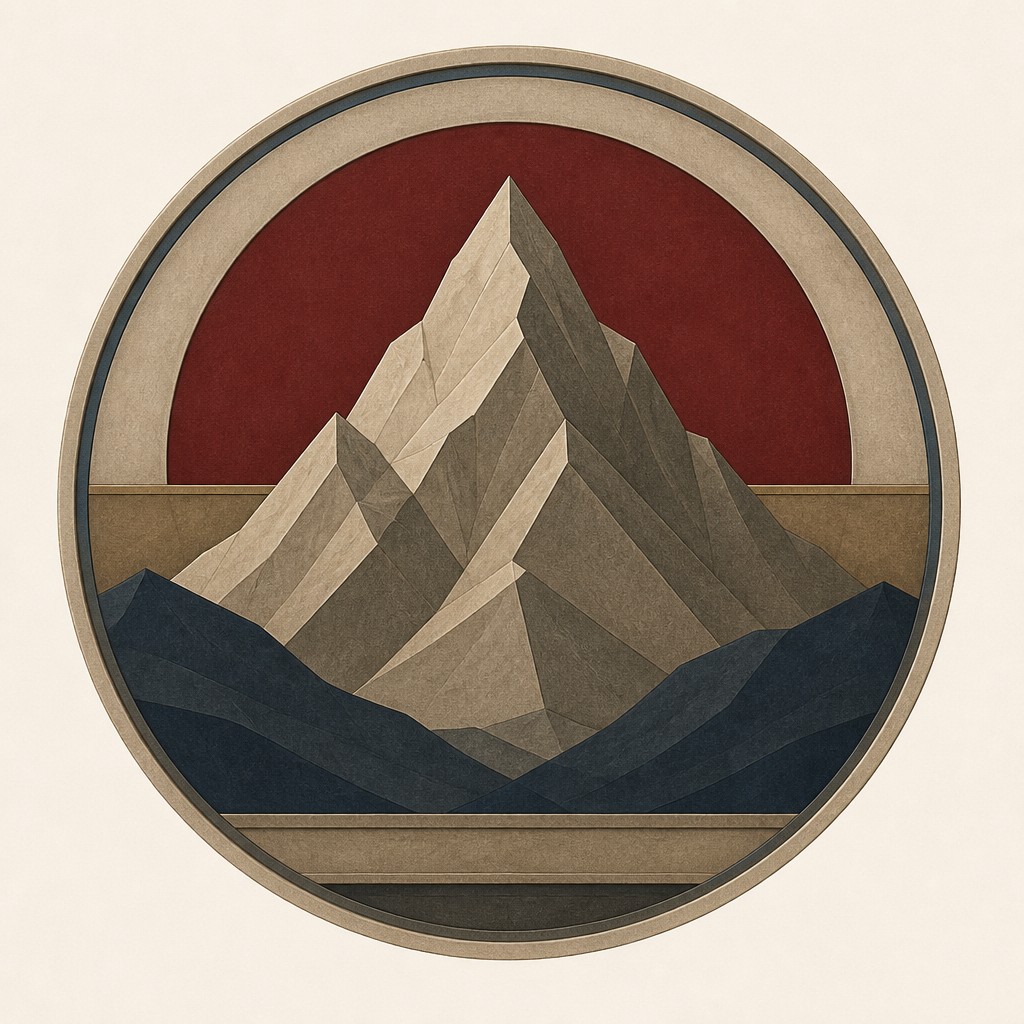 an emblem of a mountain peak inside a circle, simple bold shapes on a plain background, no text or lettering — Neoclassicism Art Style logo concept