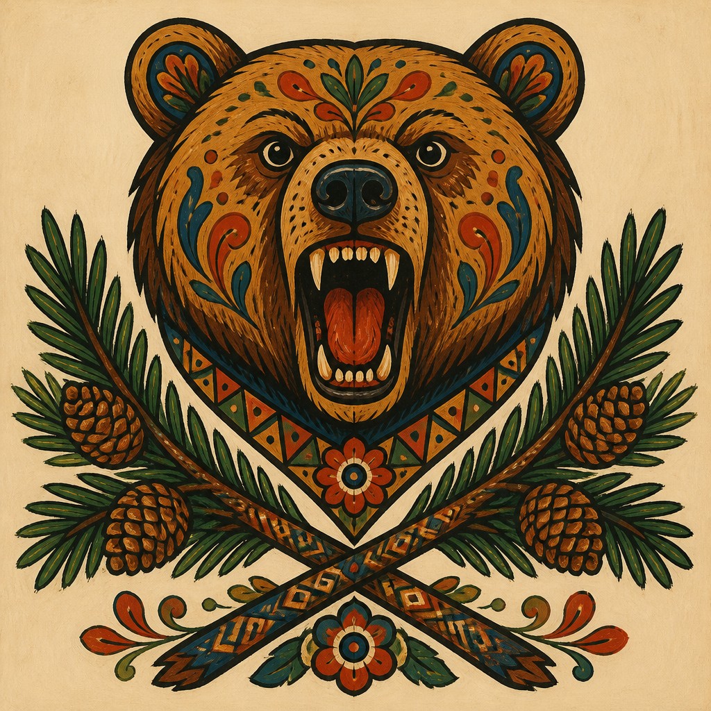 a roaring bear head above crossed pine branches, bold graphic composition on a plain background, no text — Folk Art Style t-shirt design