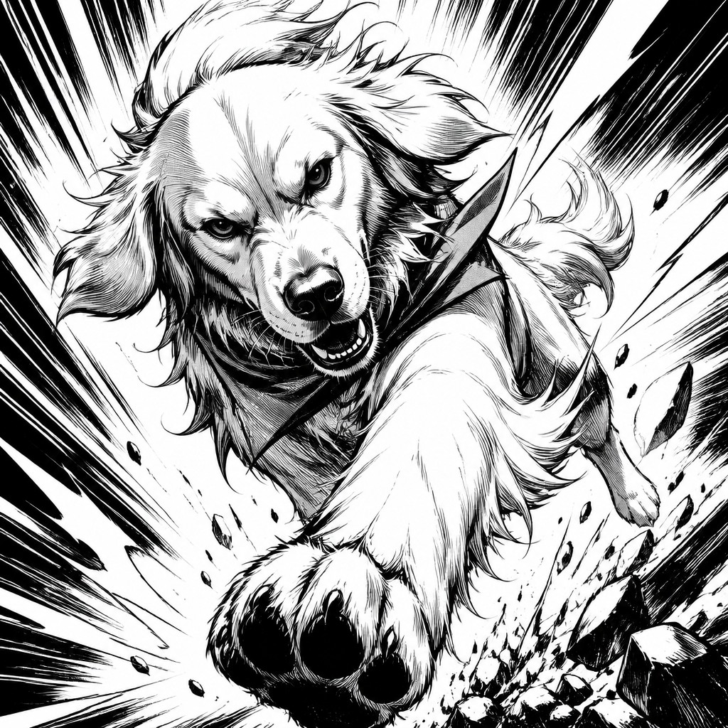 portrait of a golden retriever wearing a blue bandana, warm plain backdrop, no text — Shonen Battle Manga Art Style pet portrait