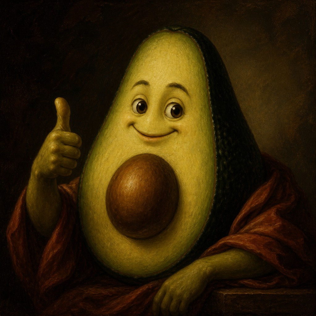 a happy avocado character giving a thumbs up, bold readable design on a plain background, no text — Renaissance Portrait Art Style sticker