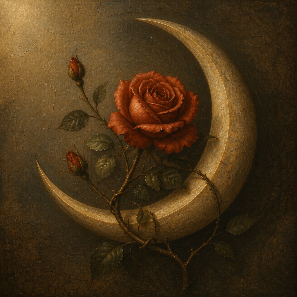 a rose entwined with a crescent moon, clean balanced composition on a plain background, no text — Renaissance Classical Art Style tattoo design