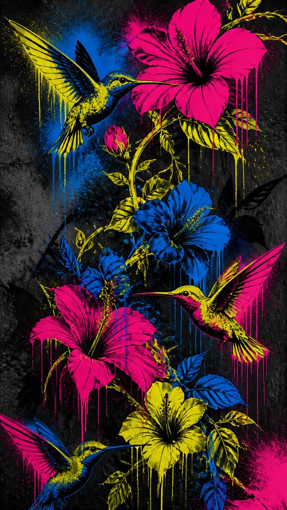 a climbing vine of flowers and hummingbirds on a dark background, tall wrapping composition, no text — Graffiti Modern Art Style phone case design