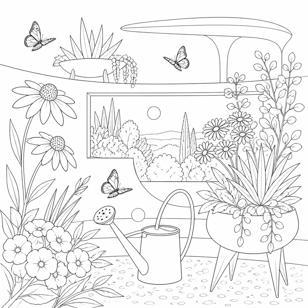 a garden scene with butterflies, flowers and a watering can, clean uncolored line art, no text — Mid-Century Modern Interior Design coloring page
