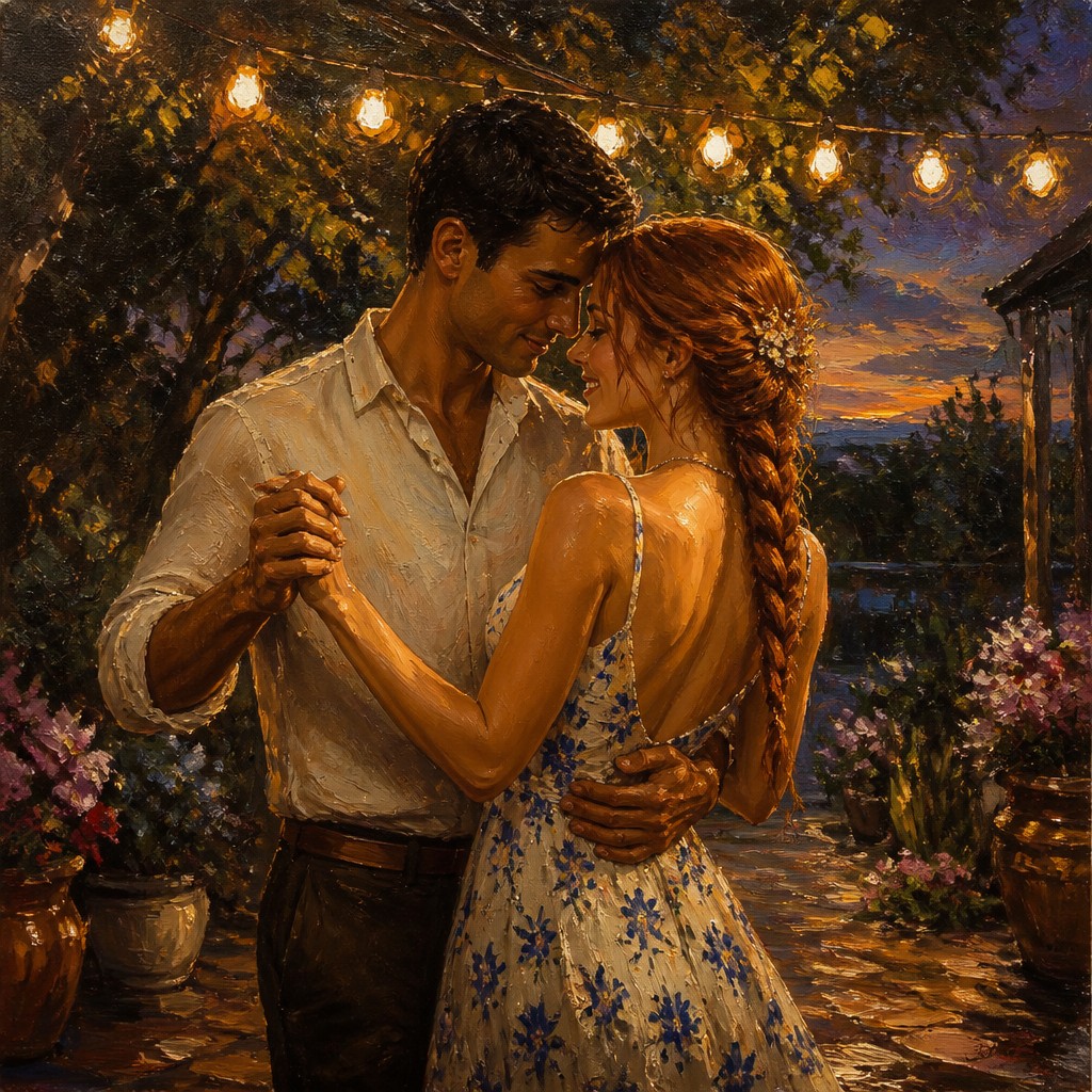an original couple dancing under string lights in a garden at dusk: a man with short black hair in a linen shirt and a woman with braided red hair in a summer dress — Oil Painting Art Style couple portrait