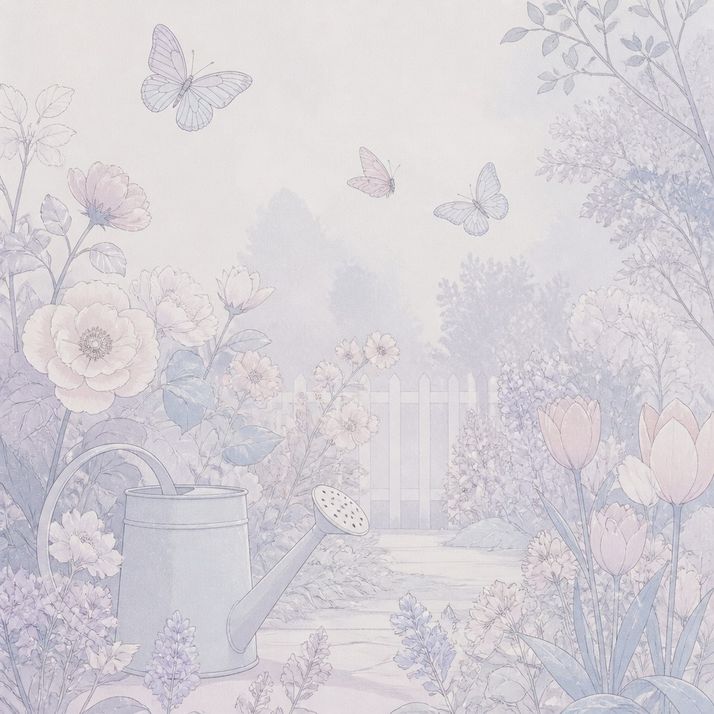 a garden scene with butterflies, flowers and a watering can, clean uncolored line art, no text — Palewave Aesthetic coloring page