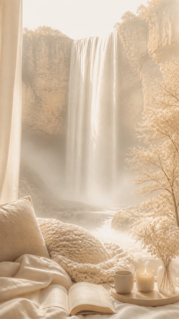 towering waterfall cascading down a cliff — Vanilla Girl Aesthetic