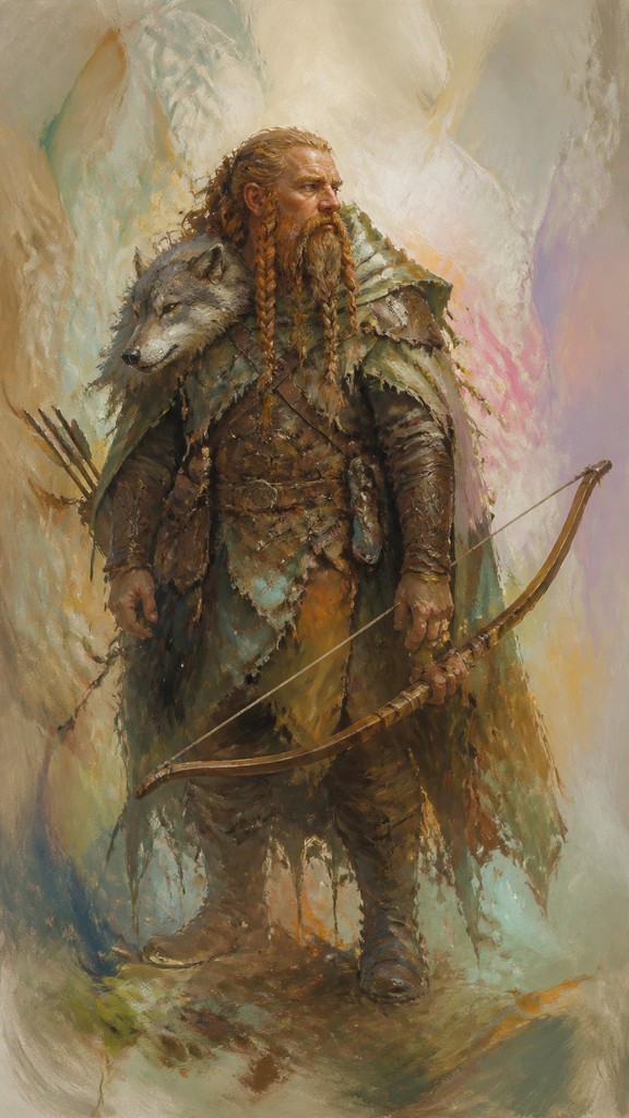 full-body original character: a dwarven ranger with a braided auburn beard, worn leather armor, a longbow and a wolf-pelt cloak, neutral background, no text — Lyrical Abstraction Art Style tabletop character portrait