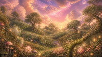 rolling hills with scattered trees under a big dramatic sky, no people — Fairycore Aesthetic wallpaper