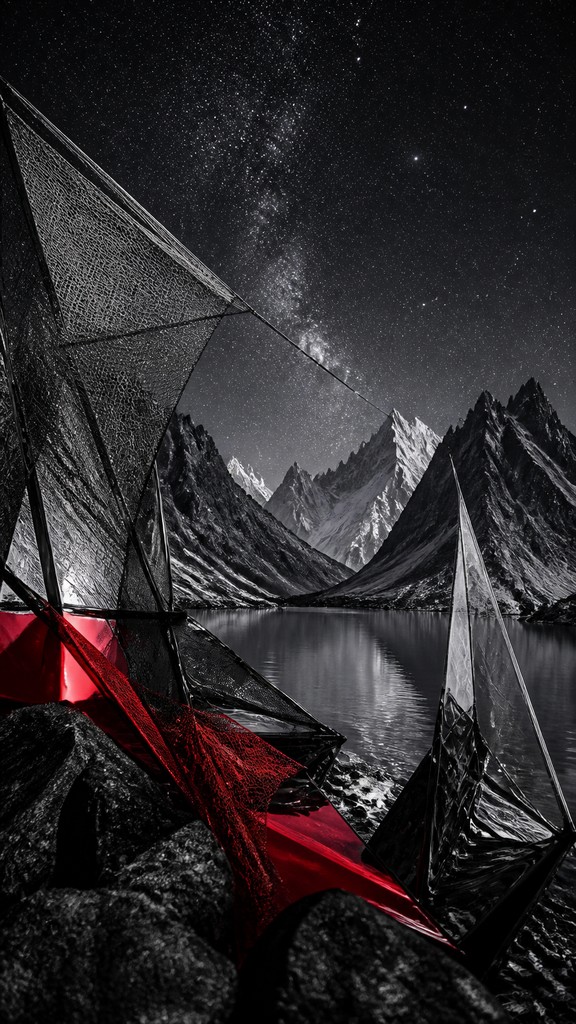 a tranquil mountain lake beneath a starry night sky, no people, no text — Avant-Garde Fashion Design phone wallpaper