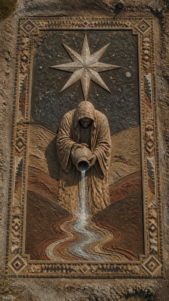a robed figure pouring water beneath a large eight-pointed star in a night sky, symmetrical composition with an ornate decorative border, no text — Land Art Style tarot card