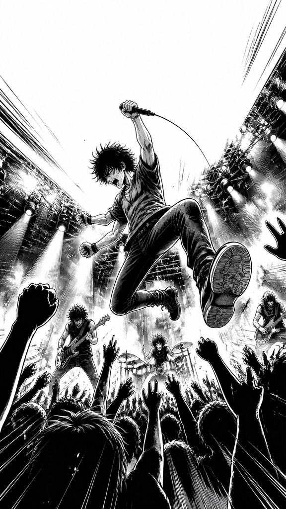 a live music scene with a glowing stage and silhouetted crowd, energetic vertical composition with open space at the top, no text — Sports Manga Art Style flyer
