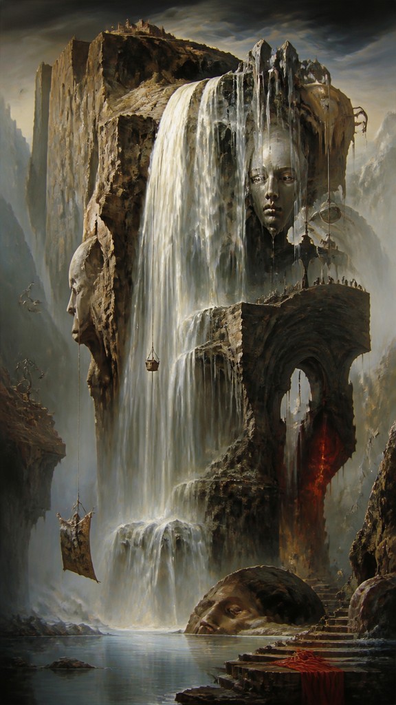 towering waterfall cascading down a cliff — Surrealism Art Style