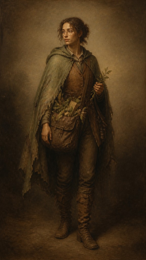 full-body original character: a wandering botanist with a satchel of plants, a patched green cloak, tall boots and round glasses, neutral background — Sfumato Portrait Renaissance Art Style character design