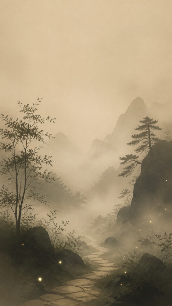 a mysterious forest path with fireflies and drifting mist, atmospheric vertical composition with open space at the top, no text — Minimalist Nature Art book cover