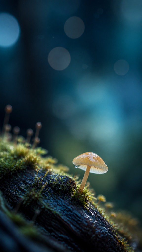 a mysterious forest path with fireflies and drifting mist, atmospheric vertical composition with open space at the top, no text — Macro Photography Style book cover