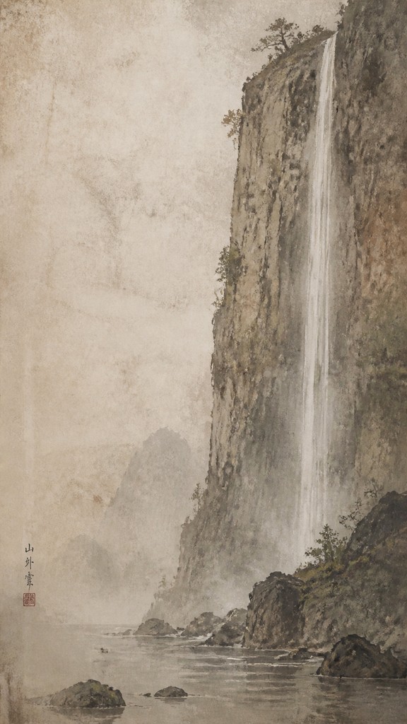 towering waterfall cascading down a cliff — Wabi Sabi Art Style