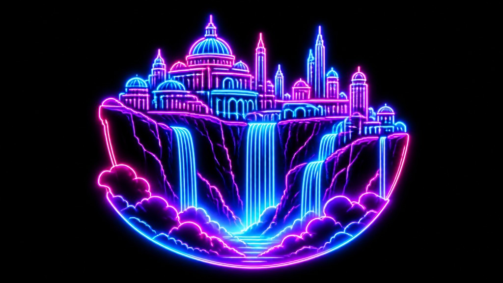 a cliffside city with waterfalls cascading into a misty canyon, wide establishing shot, no people, no text — Neon Icon Design concept art
